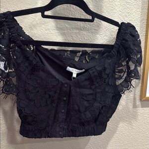 Wayf Black Ruffled Puff Sleeve Crop Top